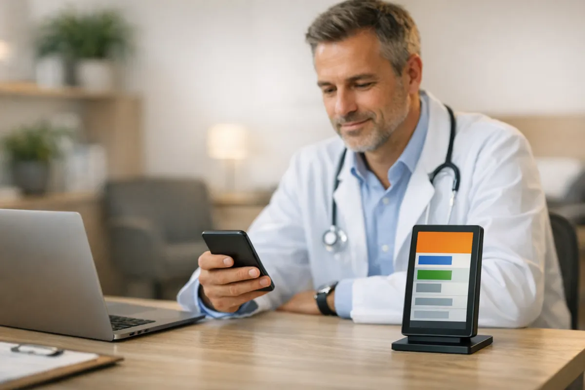 Doctor checking the patient list on a phone and a desk screen