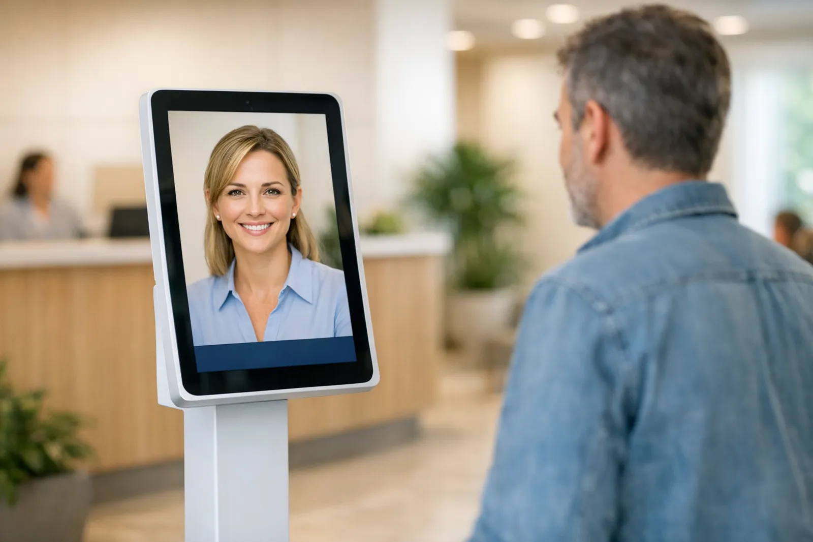 A patient talking to a Smart Clinics reception kiosk in a clinic lobby