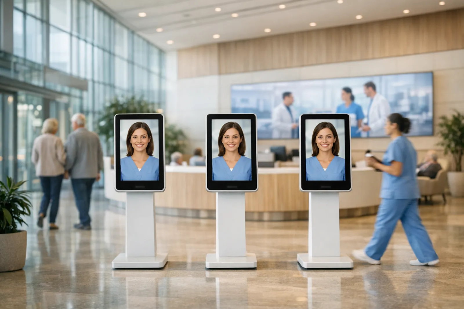 Hospital lobby with several reception kiosks