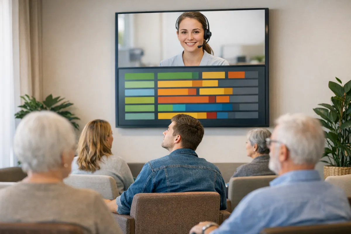 Waiting room with a queue display screen